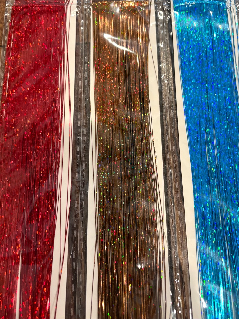 NEW! Iridescent Hair Tinsel Extensions- Red, Blue & Bronze, 2ft long